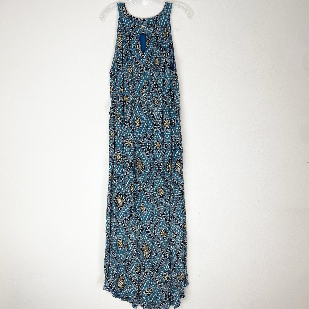 Lucky Brand Maxi Dress Plus Size 2X Blue Boho Geometric Print Sleeveless Keyhole